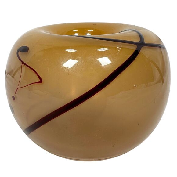 Vintage Hand Blown Glass Bowl Vase 3.5" Swirl Design Brown Art Glass J Mariott - Picture 2 of 9